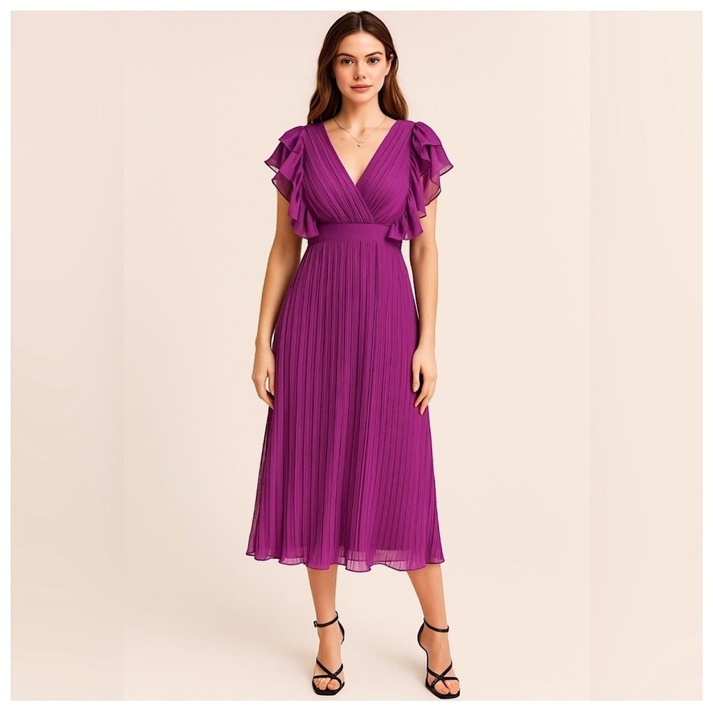 Zara Pleated Midi Dress Womensβ XS Purple Ruffle Sleeve V-Neck Smocked Waist